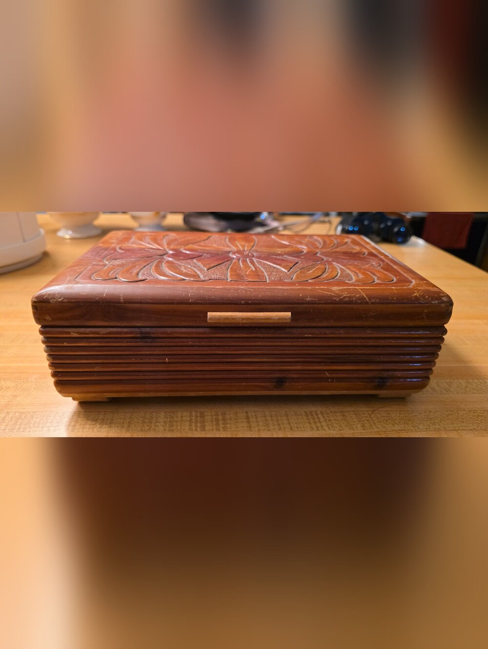 Carved Wooden Jewelry Keepsake Box with Floral Lid and Mirror